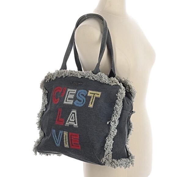 Karl Lagerfeld Paris Margot Fringe Denim Canvas Tote Bag 'CEST LA VIE' EUC - Picture 2 of 4